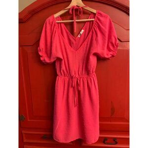 Magnolia Boutique Size Small Hot Pink Swiss Dot Elastic Waist Tie Neck Dress EUC